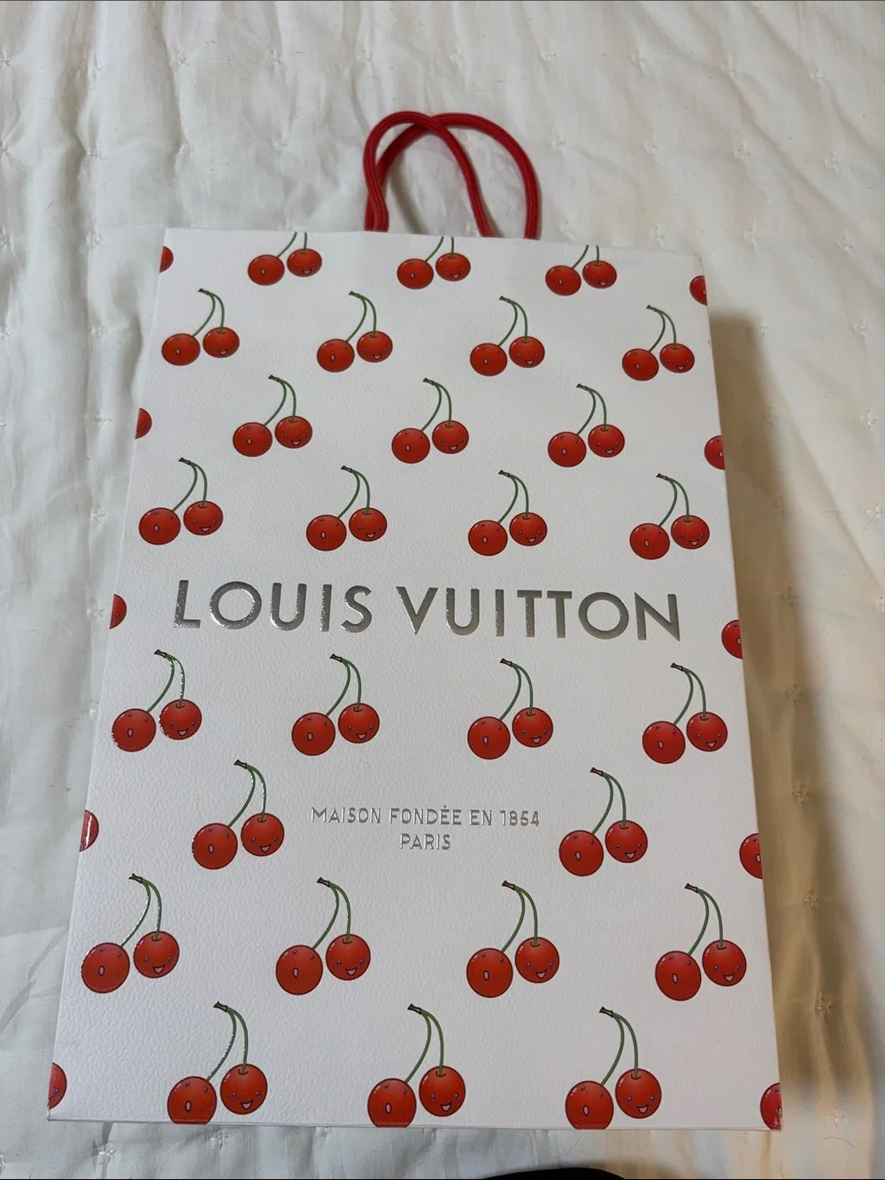 Louis Vuitton White & Red Cherry Tote Shopping Bag